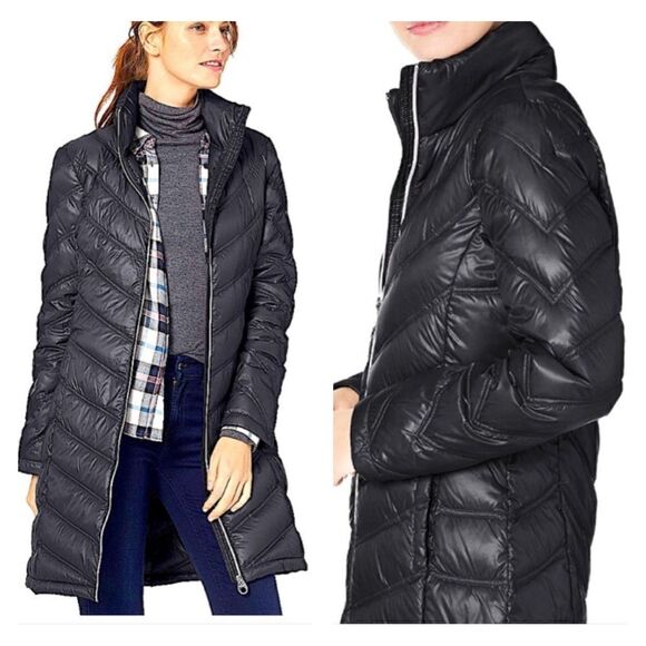 CALVIN KLEIN Long Packable Black Down Blend Chevron Coat S - Picture 3 of 11